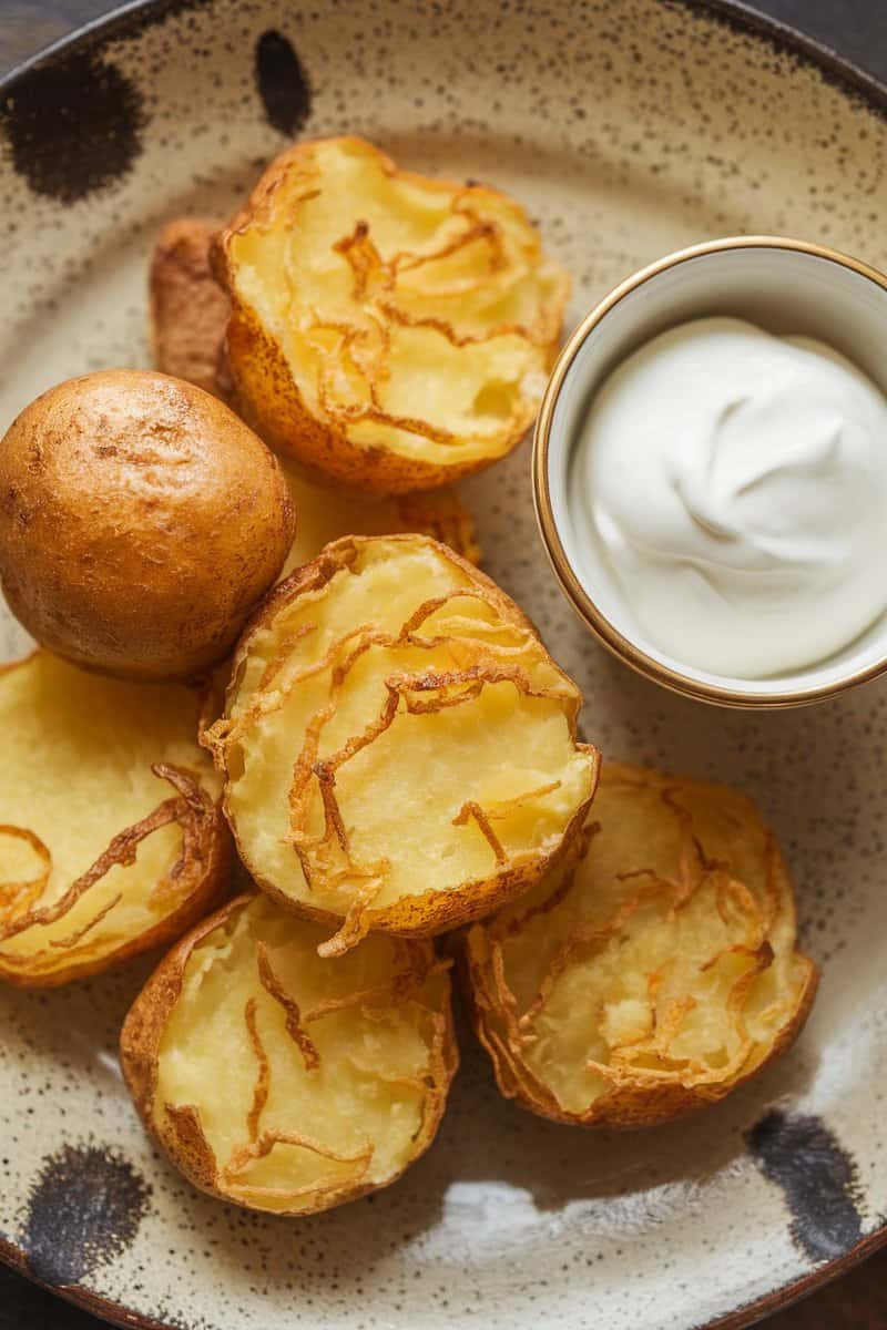 A plate of crispy rösti potatoes with a dollop of sour cream