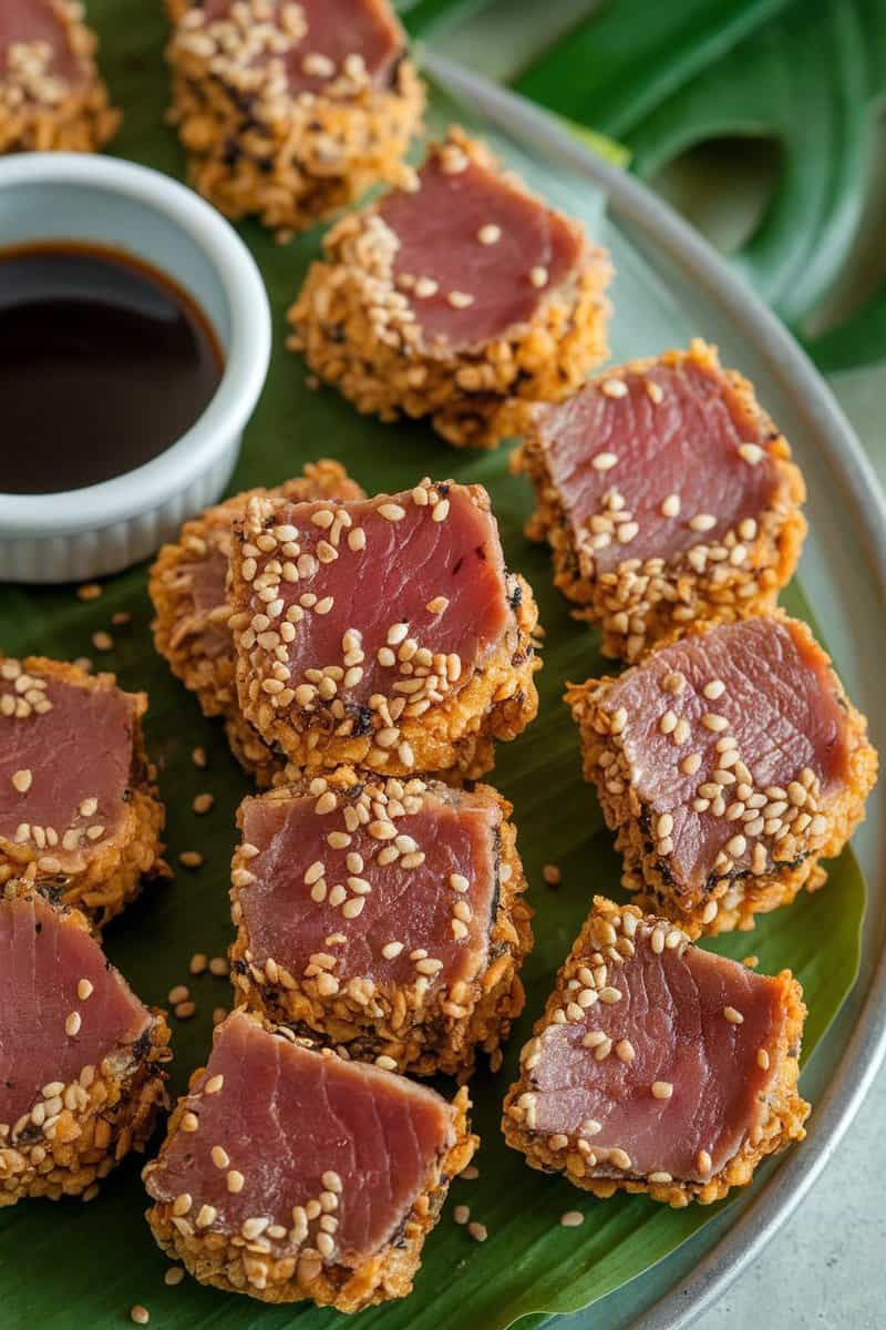 Crispy sesame tuna steak bites served with dipping sauce