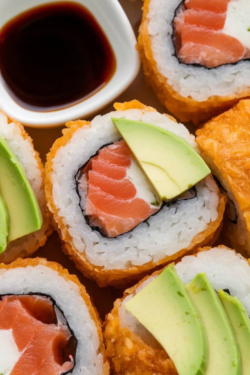 Crispy sushi rolls filled with smoked salmon and avocado, served with soy sauce.