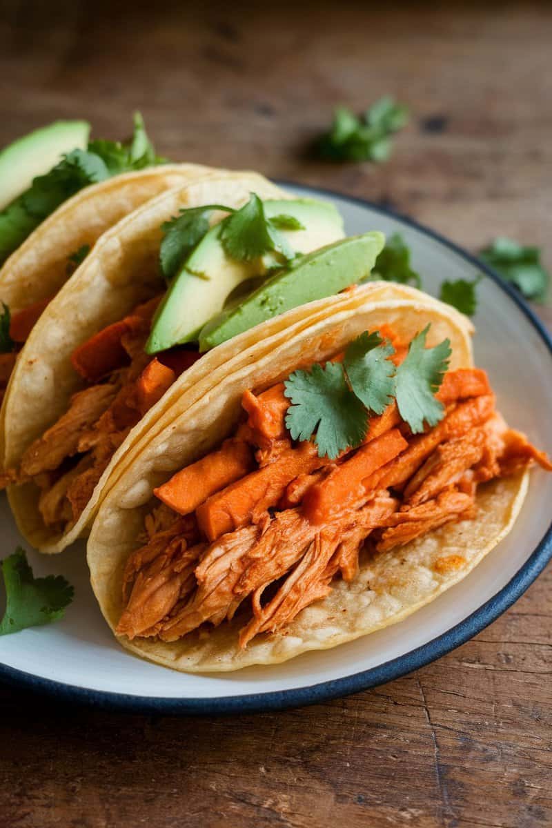 Crispy sweet potato tacos filled with chicken, topped with avocado slices and fresh cilantro.