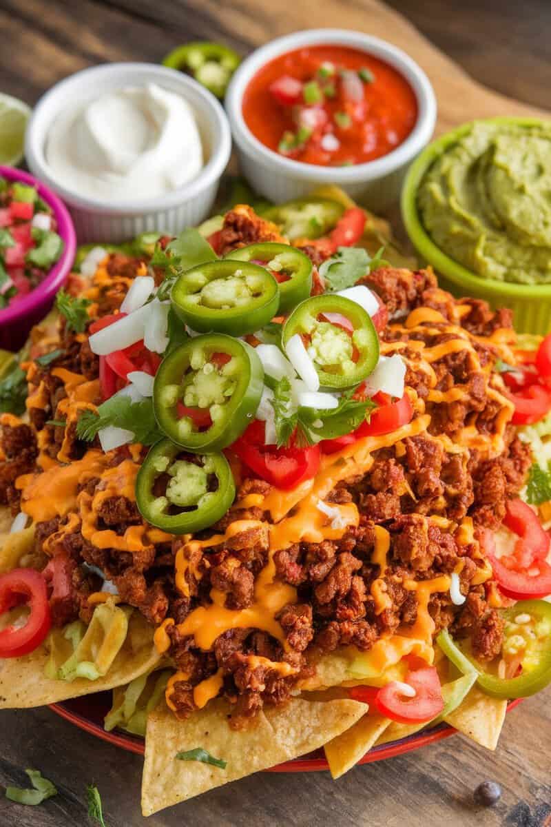 A plate of crispy nachos topped with taco meat, cheese, jalapeños, tomatoes, and garnished with cilantro.