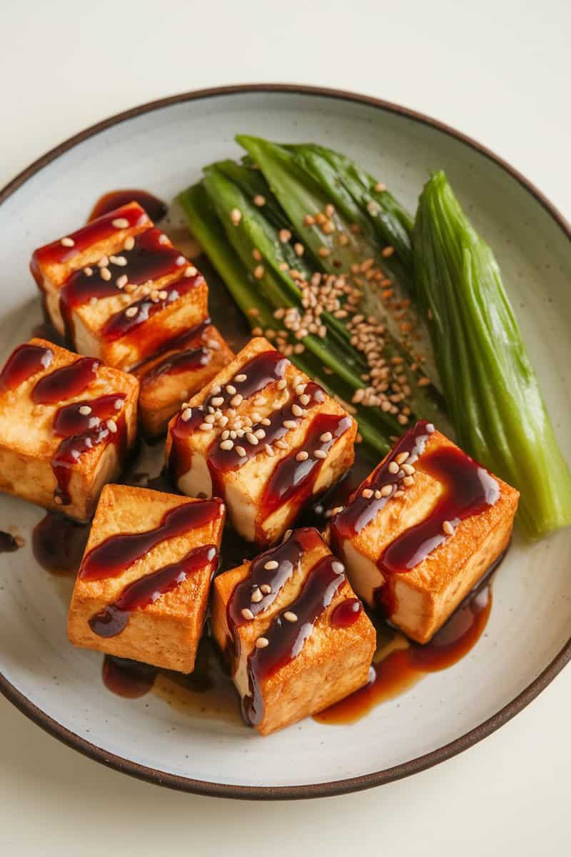 Crispy tofu cubes in soy glaze served with greens and sesame seeds