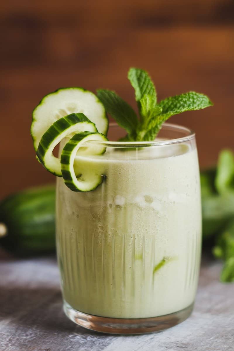 A refreshing cucumber and mint smoothie in a glass, garnished with cucumber slices and mint leaves.