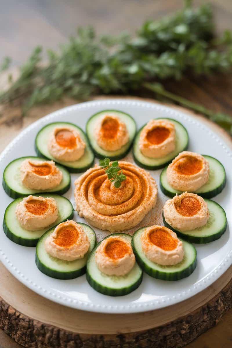 Cucumber slices topped with hummus and paprika, garnished with herbs.