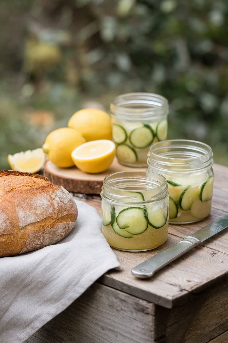 Jars of cucumber lemon preserve with fresh lemons and bread on a rustic table.