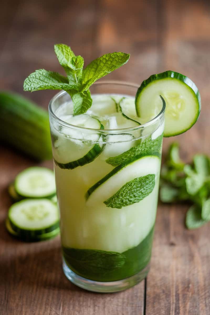 A refreshing cucumber mint drink garnished with mint leaves and cucumber slices, served in a glass.