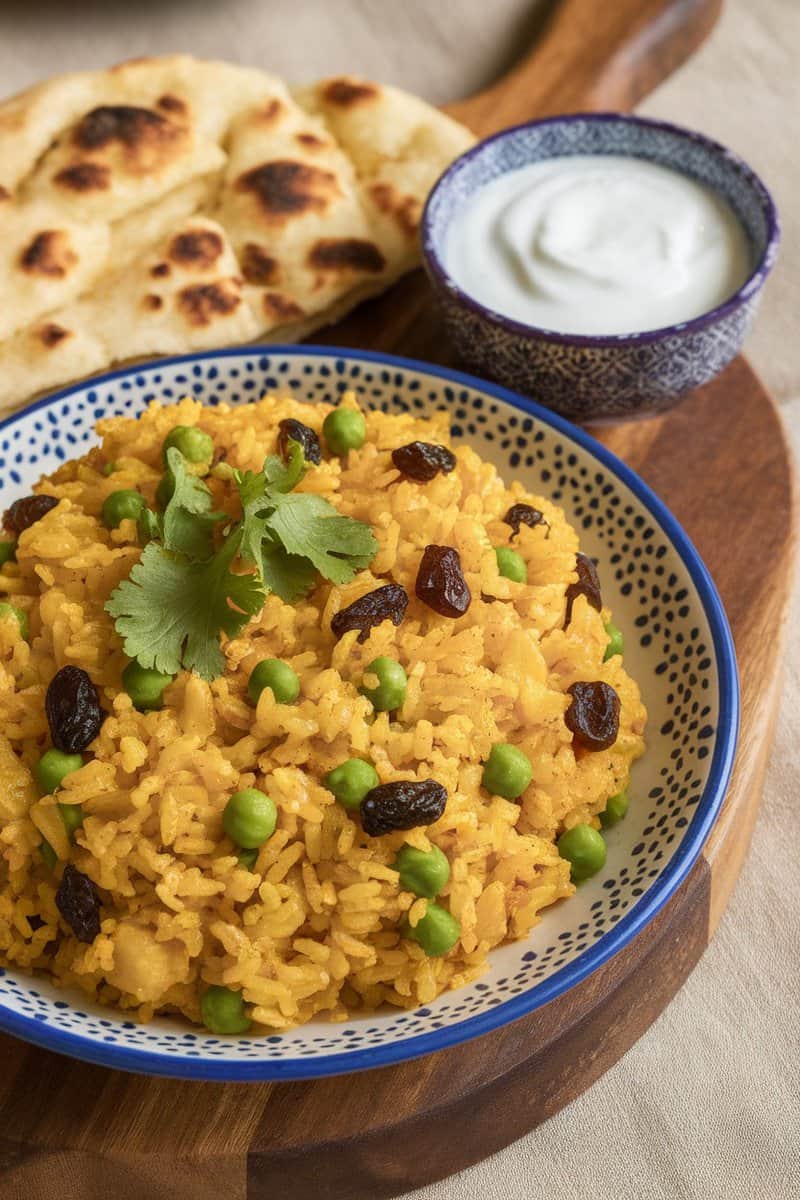 Bowl of curried rice with raisins and peas served with naan and yogurt