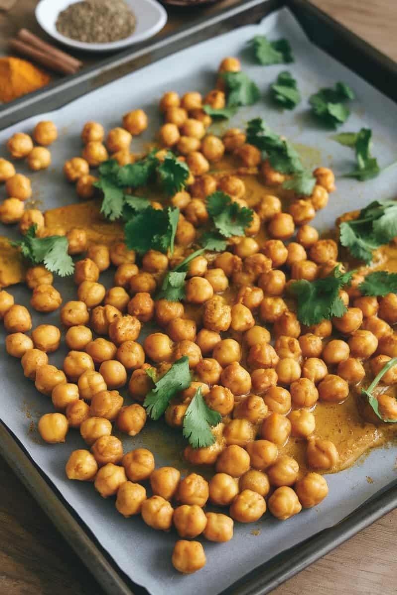 Curry-inspired roasted chickpeas on a baking sheet, garnished with cilantro.