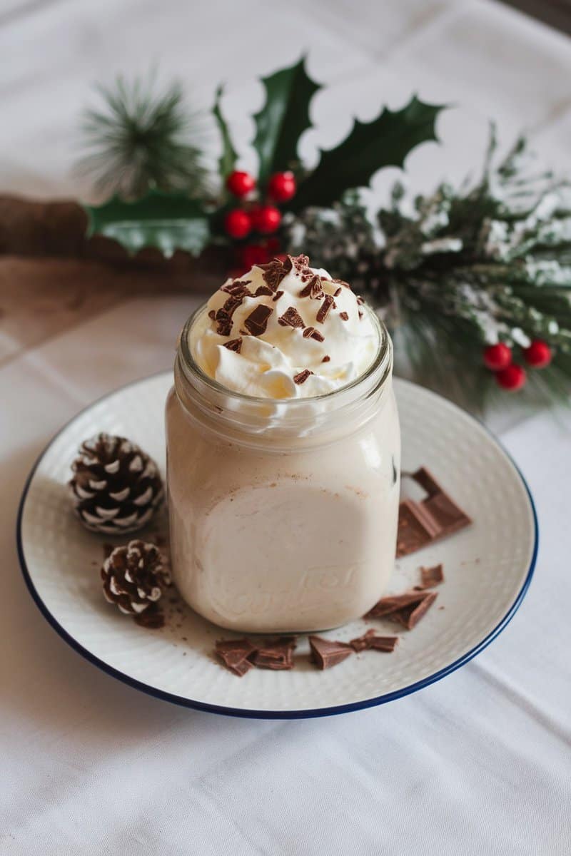 A jar of white chocolate mix topped with whipped cream and chocolate shavings, surrounded by pinecones and festive greenery.