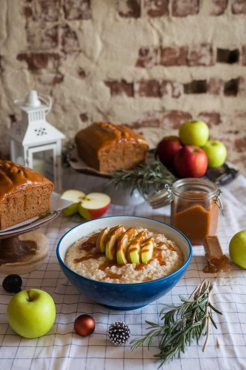 Bowl of creamy grits topped with sliced apples and caramel sauce, surrounded by apples and a cozy setting.