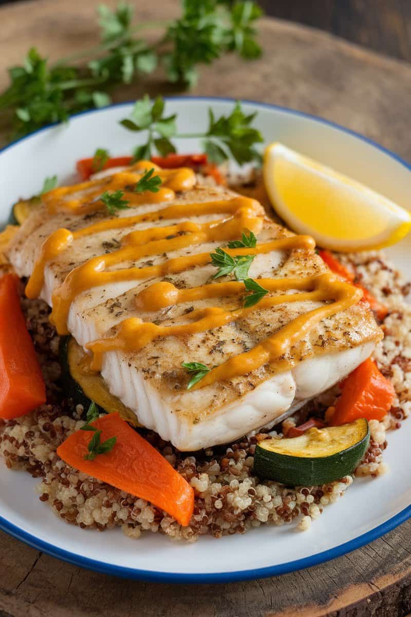 Plate of Dijon mustard baked sole with vegetables and quinoa