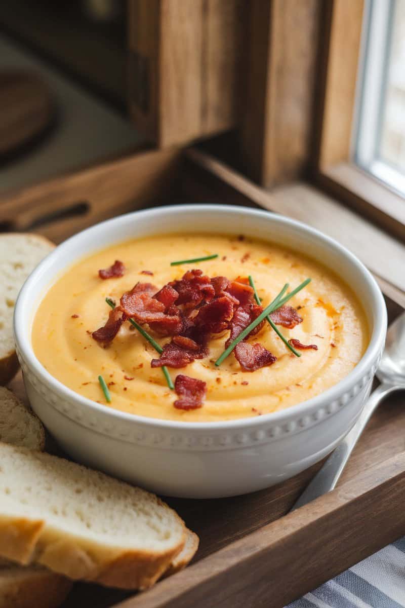 A bowl of creamy potato soup topped with bacon and chives, served with slices of bread