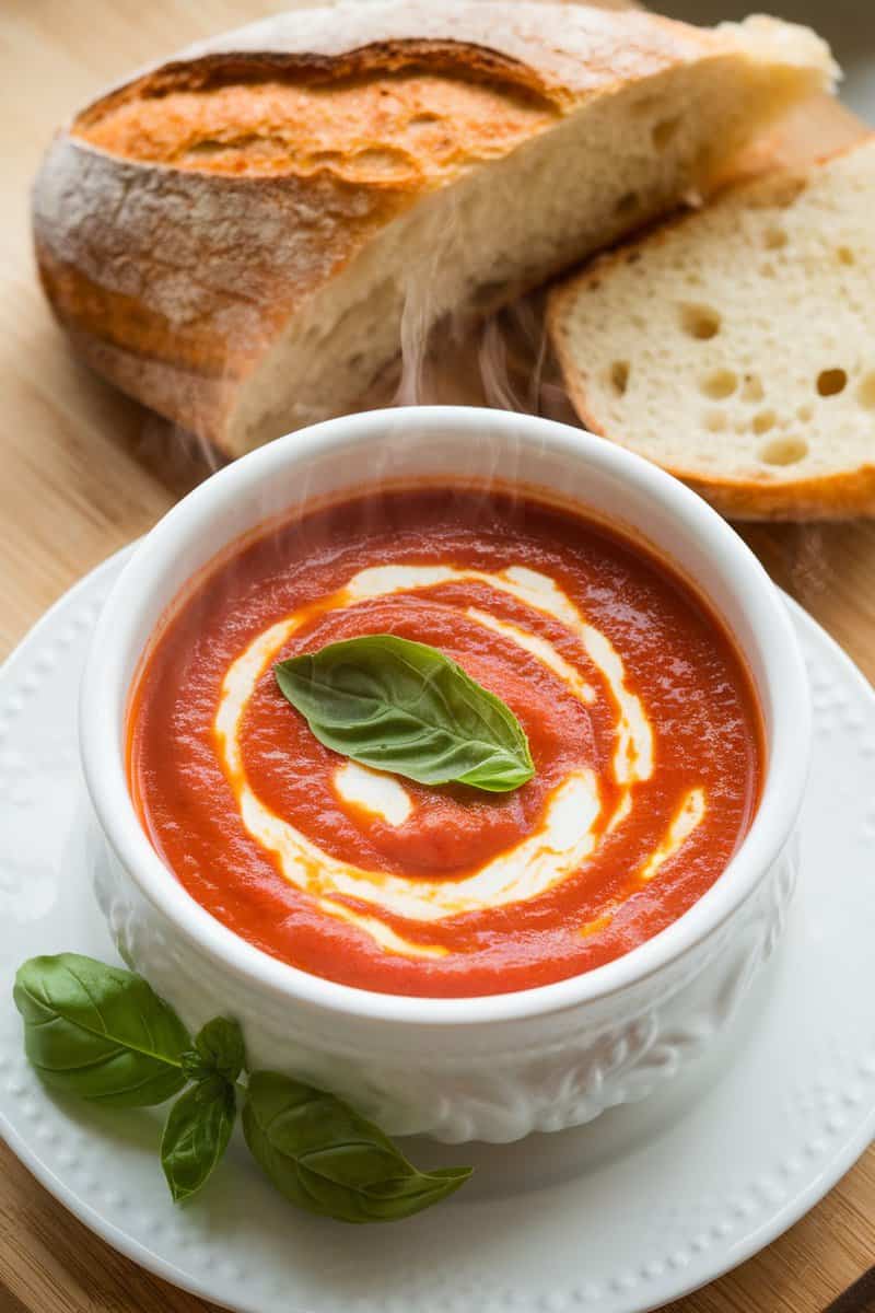 A bowl of creamy tomato soup garnished with fresh basil, alongside slices of crusty bread.