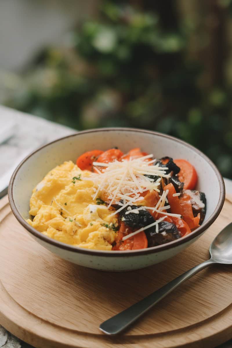 A delicious bowl of scrambled eggs with mixed veggies and cheese, served with slices of bread.