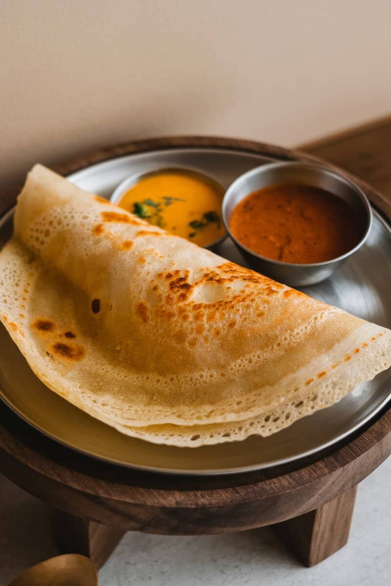 Egg dosa served with chutney.