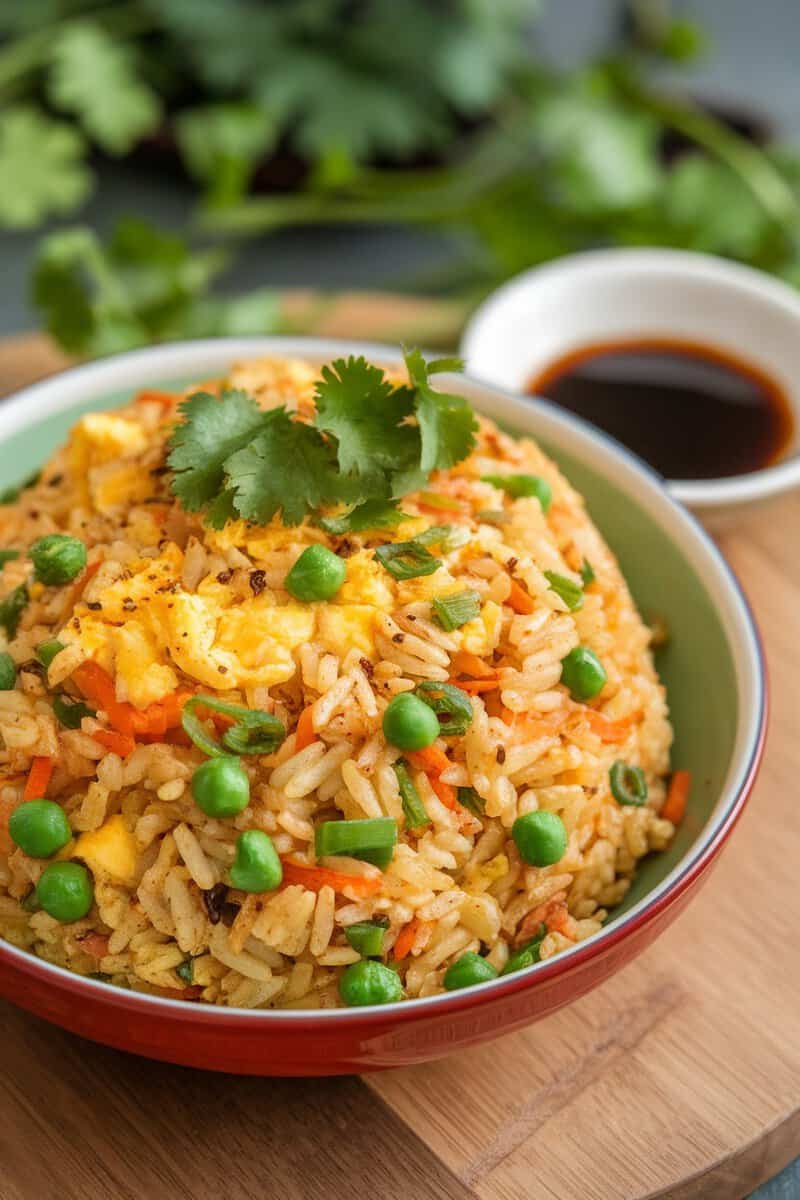 A bowl of egg fried rice topped with cilantro and served with soy sauce on the side.