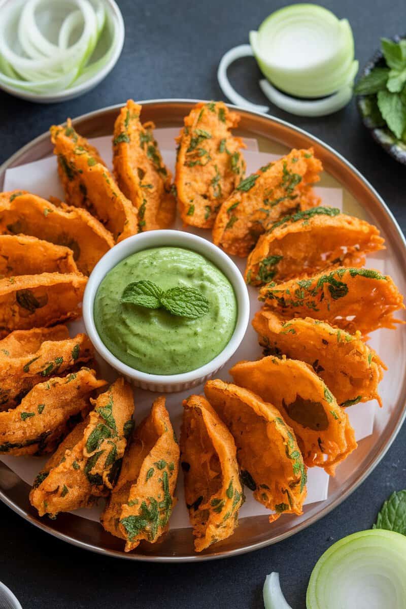 A platter of golden fried egg pakoras arranged with green chutney and garnished with fresh coriander.