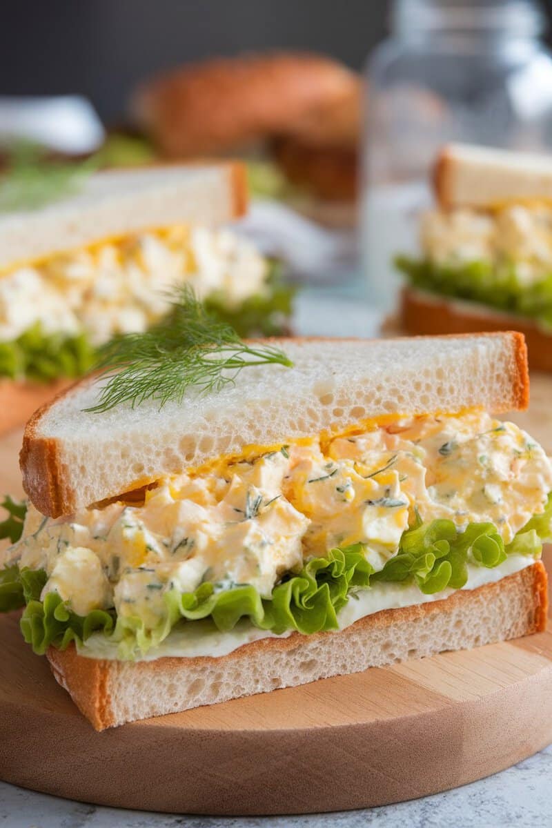 Egg salad sandwich with fresh dill on a wooden board with lettuce