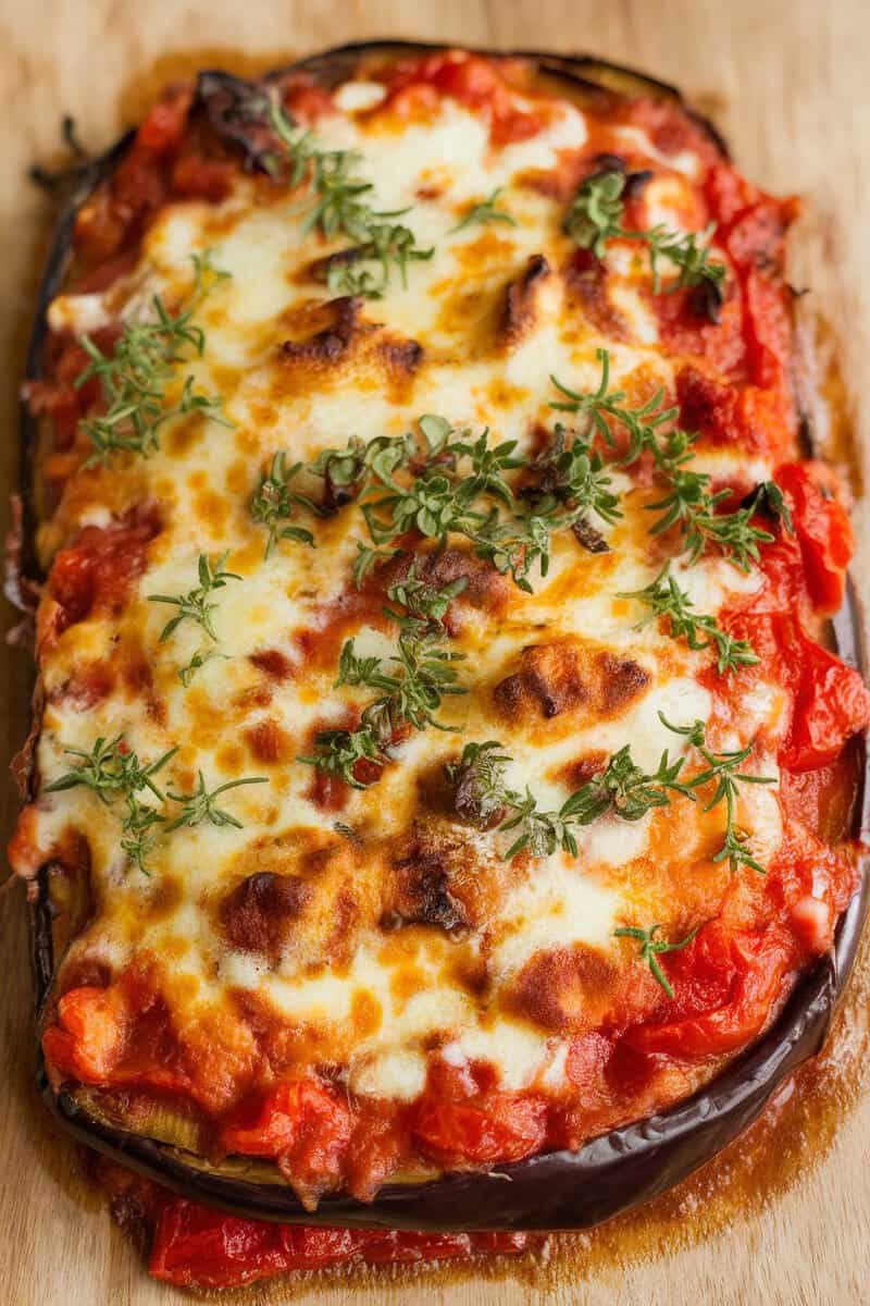 Eggplant and Tomato Bake topped with cheese and herbs