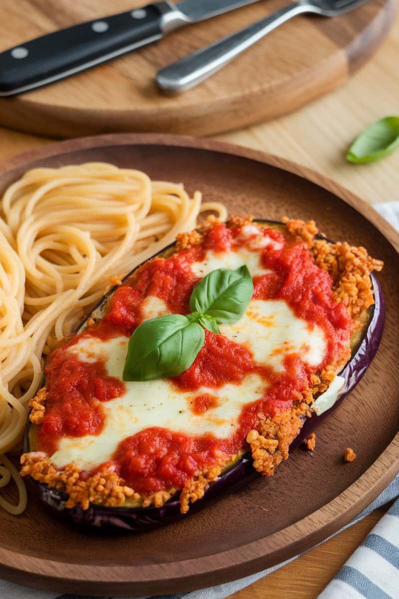 A plate of eggplant parmesan with almond flour crust served with spaghetti.