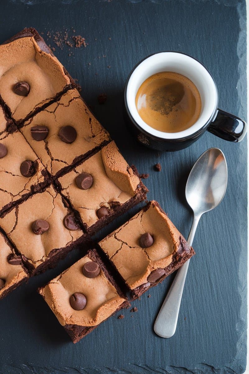 A stack of fudgy brownies next to a cup of espresso on a slate board.