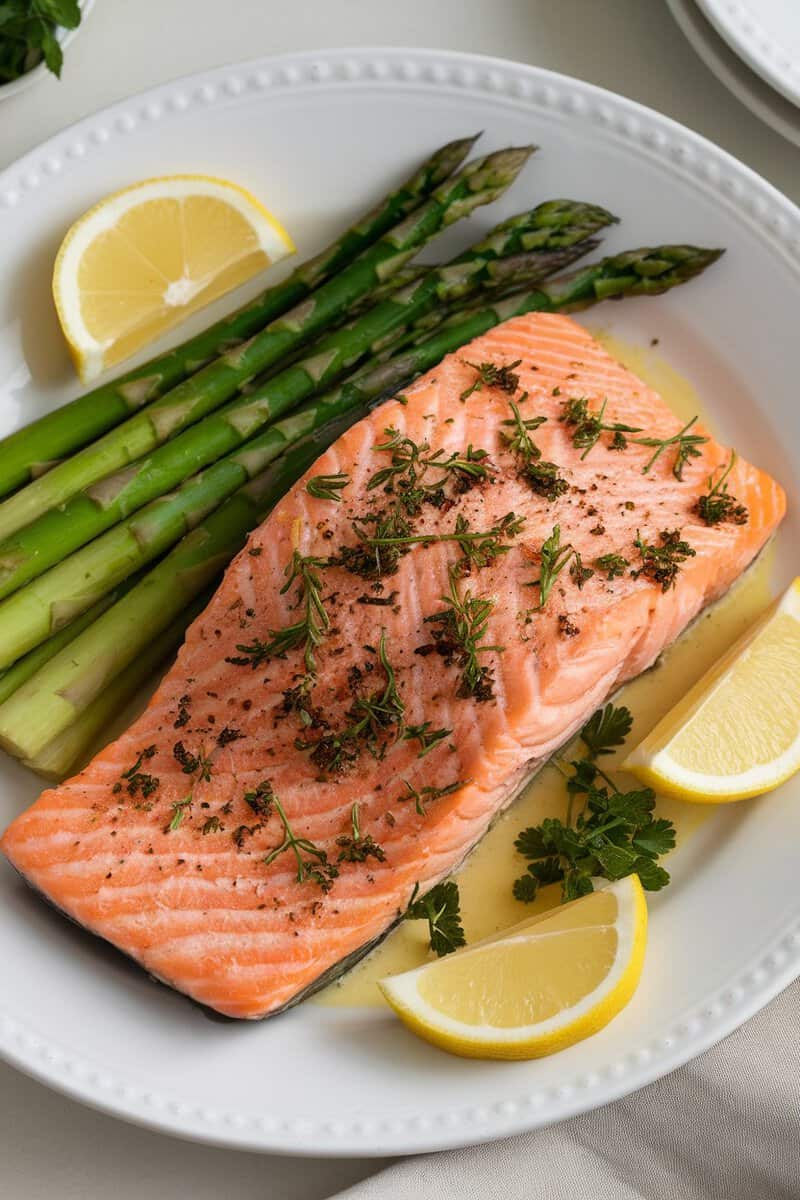 Delicious garlic butter salmon served with asparagus and lemon