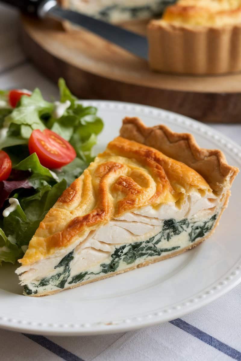 Slice of flounder and spinach quiche with a side salad