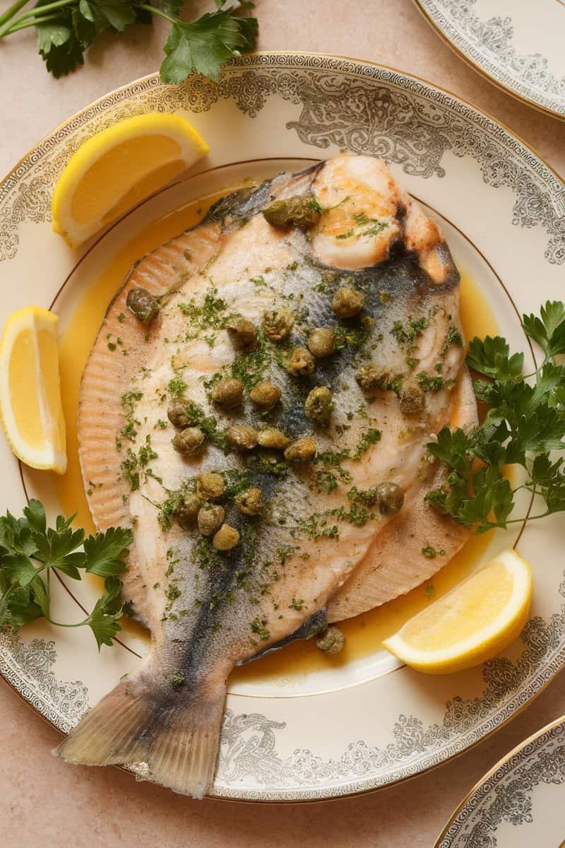 A beautifully plated flounder piccata garnished with capers and lemon slices.