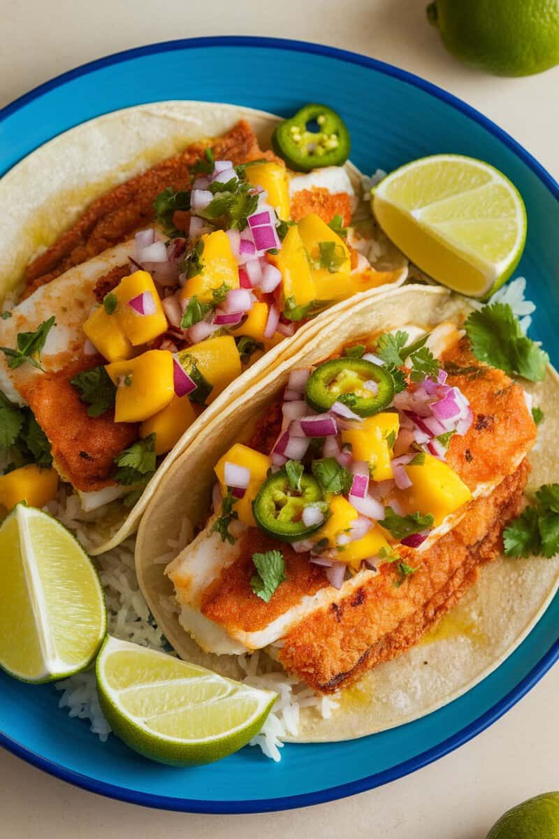 Delicious flounder tacos topped with mango salsa, cilantro, and lime wedges.