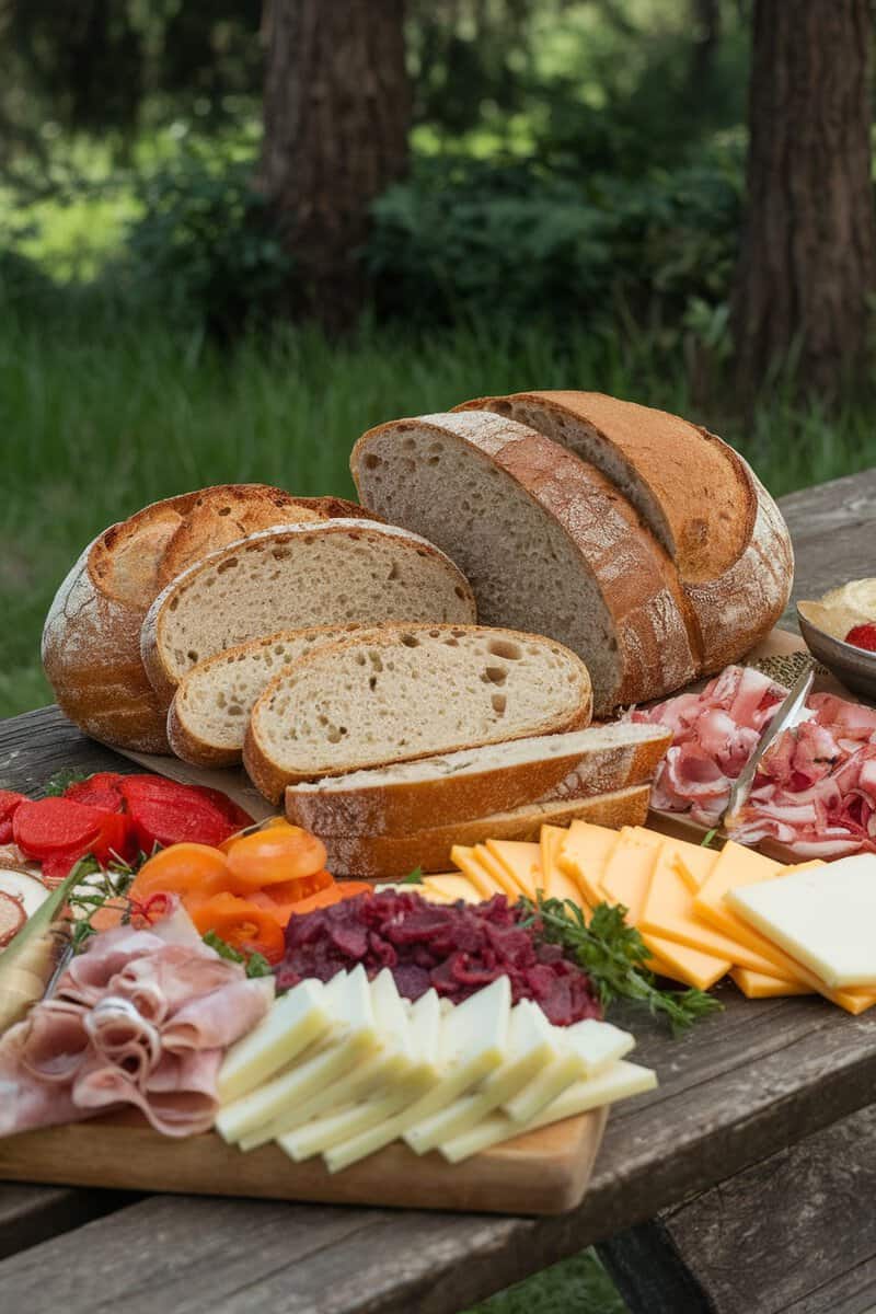 Sourdough bread loaf with slices, surrounded by various meats and cheeses.