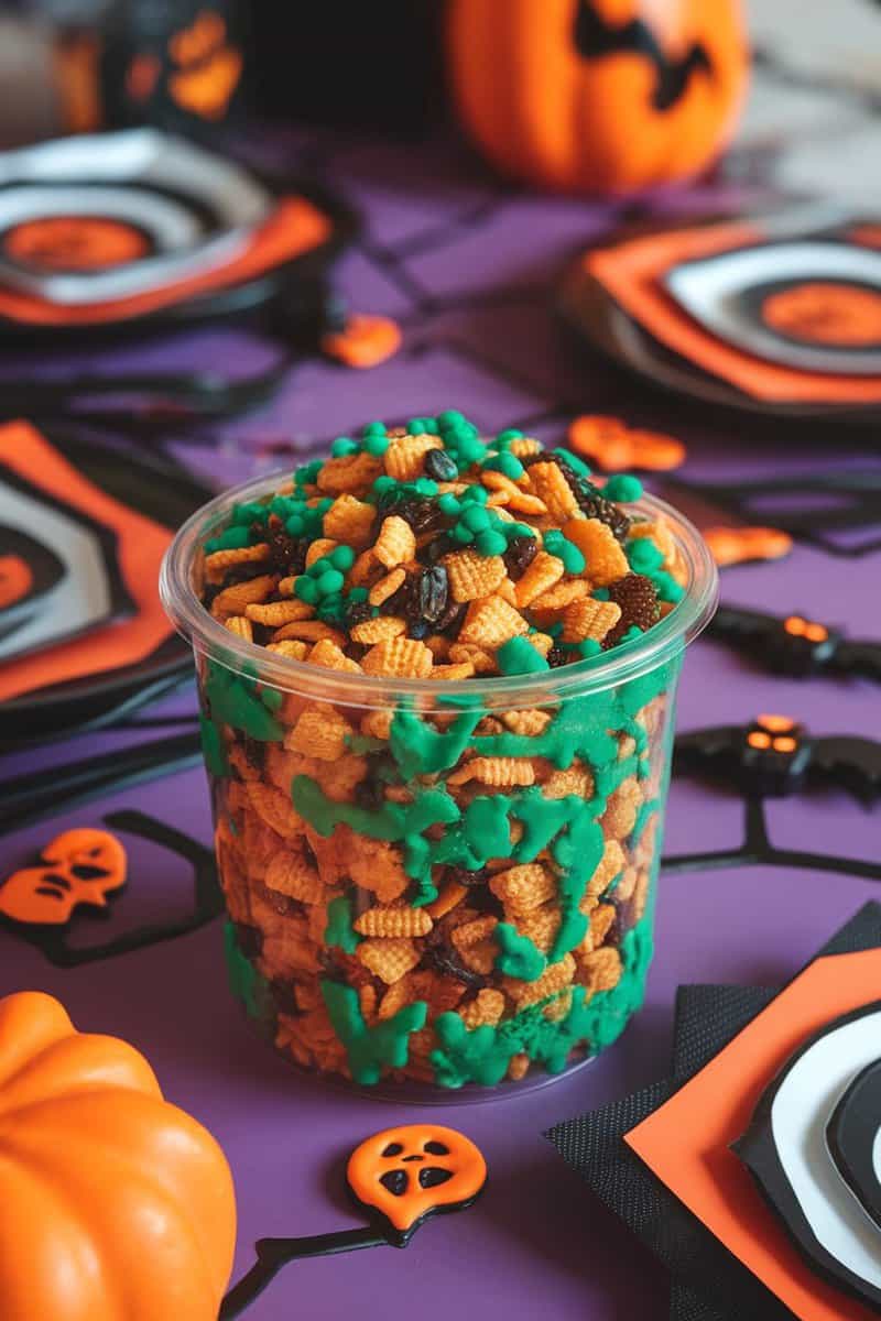 A container of Frankenstein's Chex Mix with green candy coating, surrounded by Halloween-themed decorations.