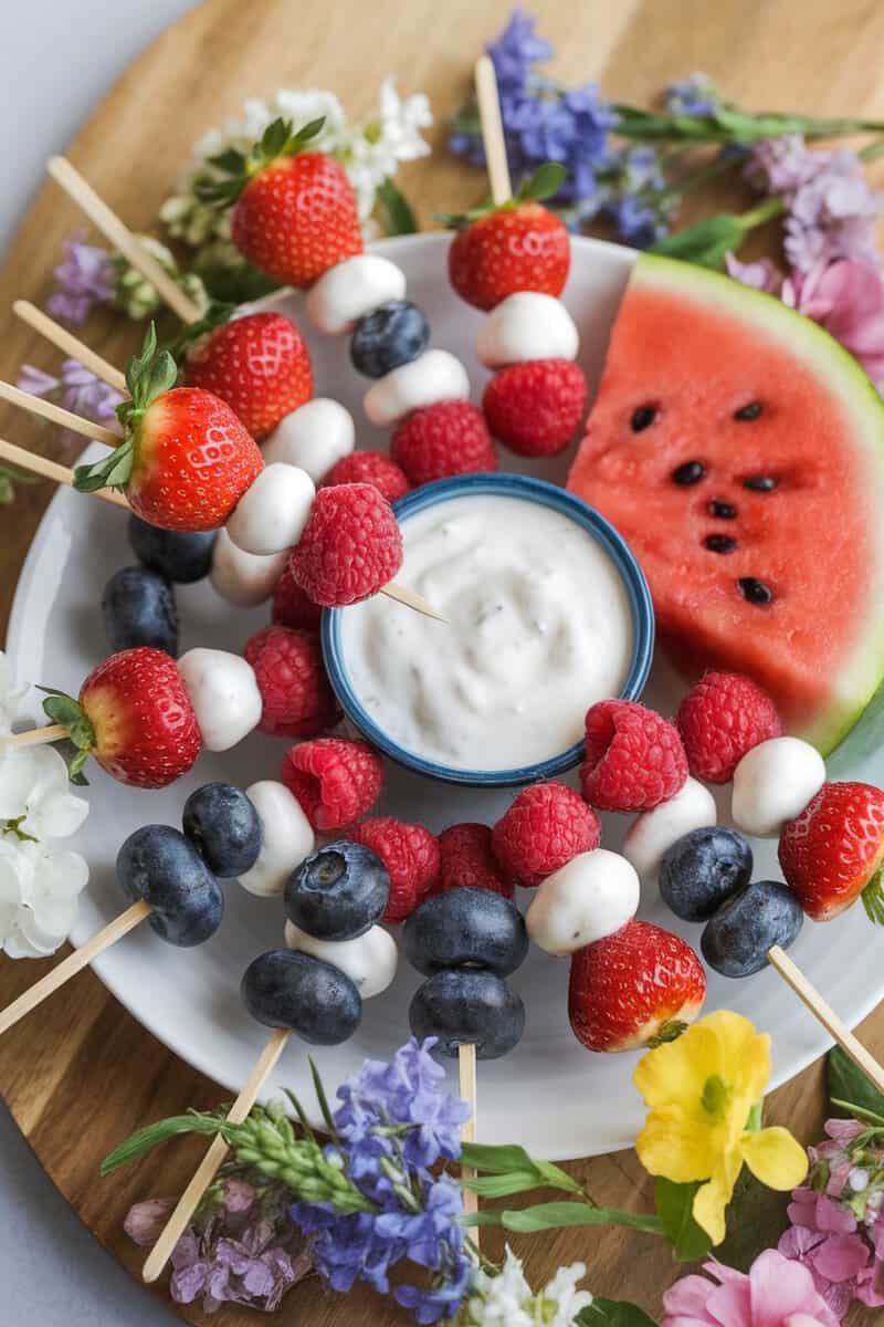 Colorful fruit and yogurt skewers served on a platter with a small bowl of yogurt