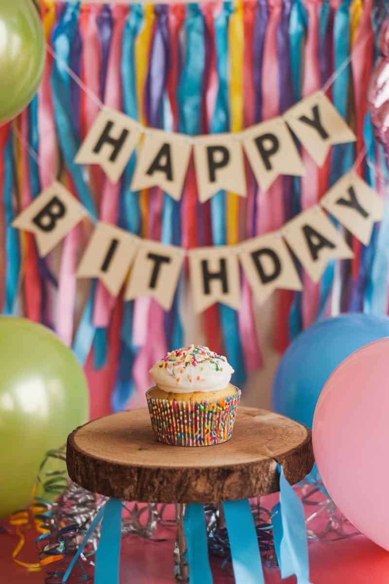 A colorful funfetti cupcake on a wooden stand, surrounded by birthday decorations.