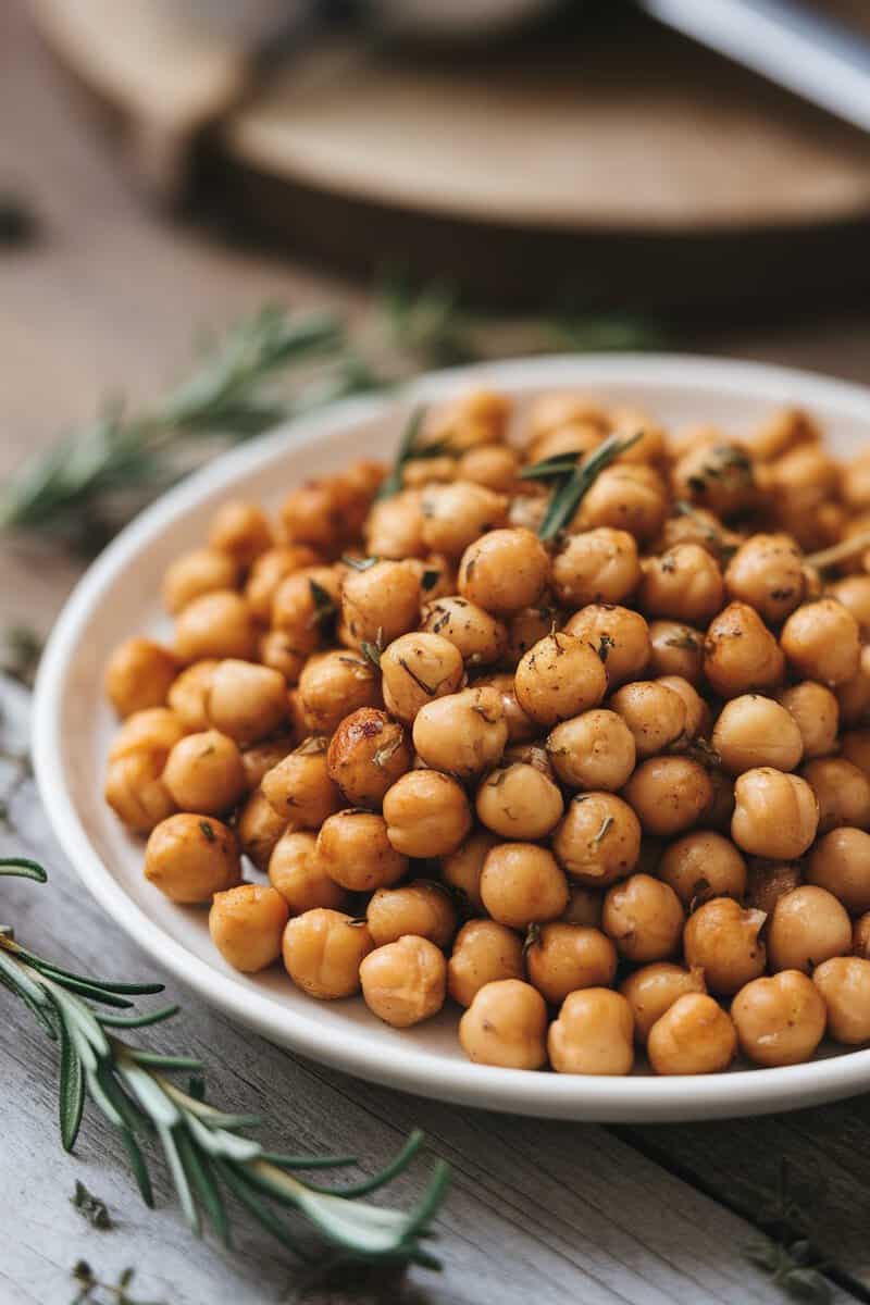 A plate of crispy roasted chickpeas garnished with herbs