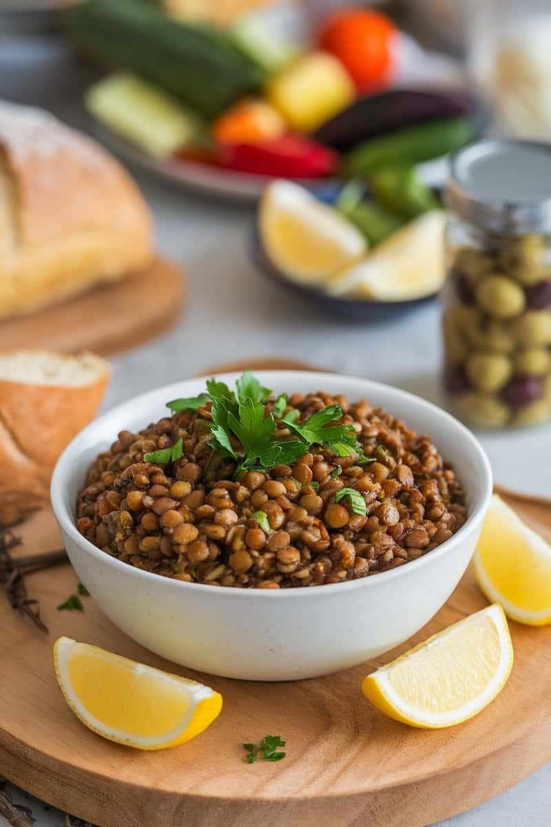 A bowl of garlic and herb lentil pilaf topped with parsley, with lemon wedges and a loaf of bread nearby.