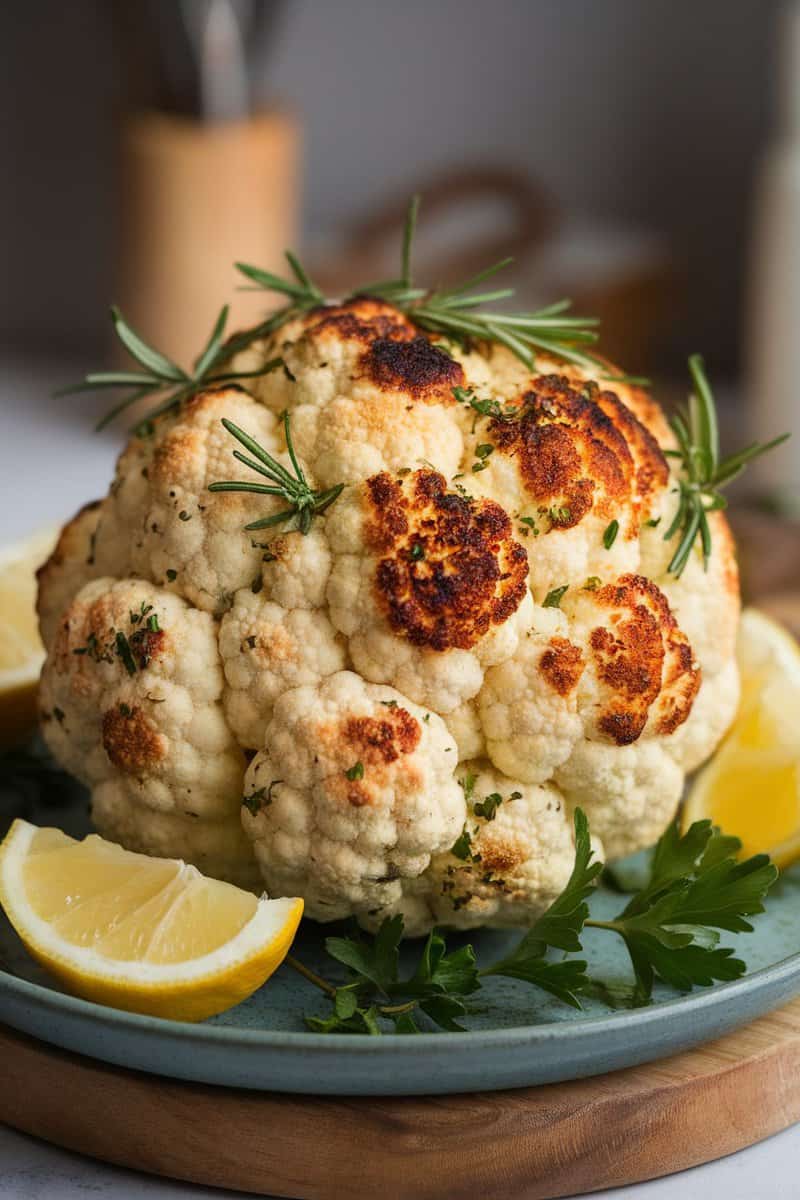 A beautifully roasted cauliflower on a plate, garnished with lemon wedges and fresh herbs.