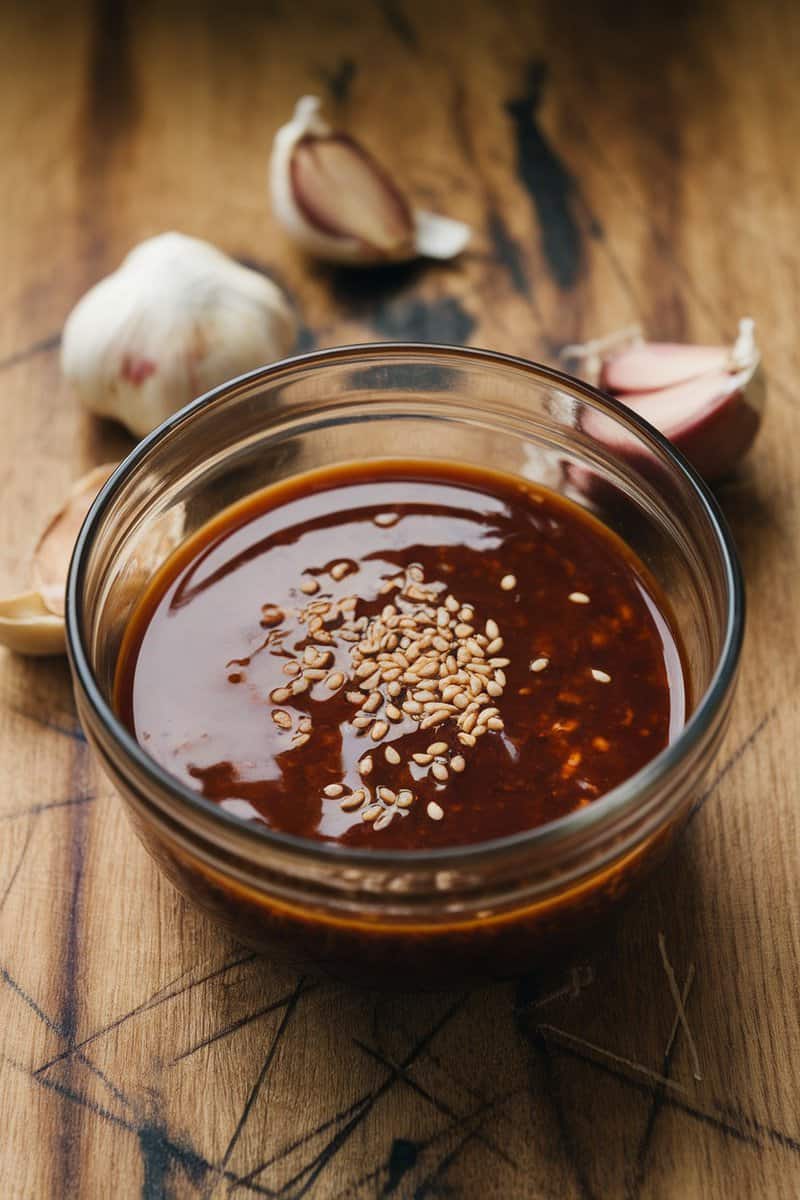 A bowl of teriyaki marinade with garlic and sesame oil, surrounded by garlic cloves and sesame seeds.