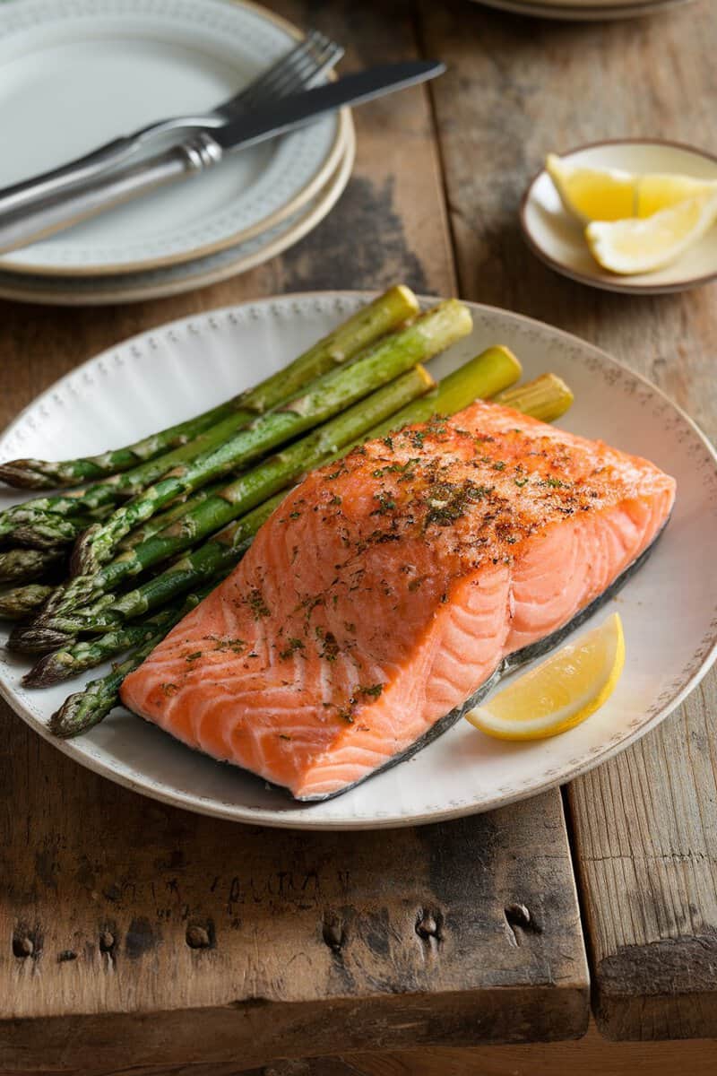 Delicious garlic butter baked salmon with asparagus on a plate