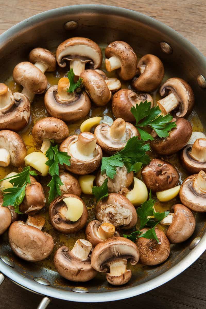 A pan filled with sautéed mushrooms and garlic, garnished with parsley.