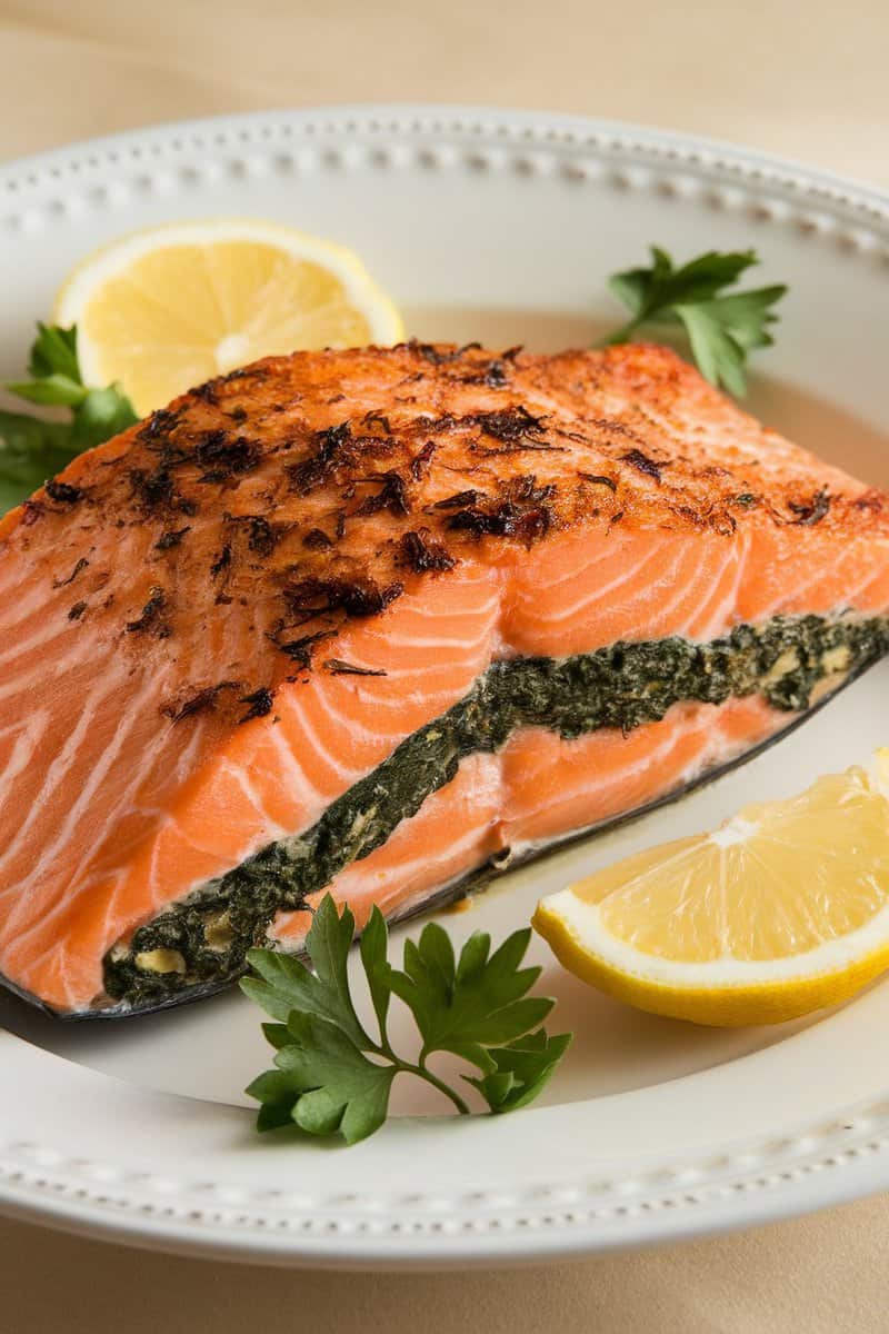 Delicious garlic butter spinach stuffed salmon with lemon slices