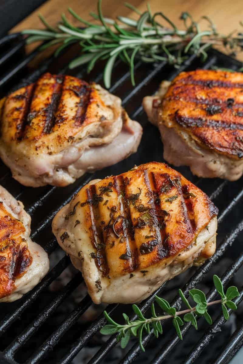 Grilled garlic herb chicken thighs on a grill with fresh herbs