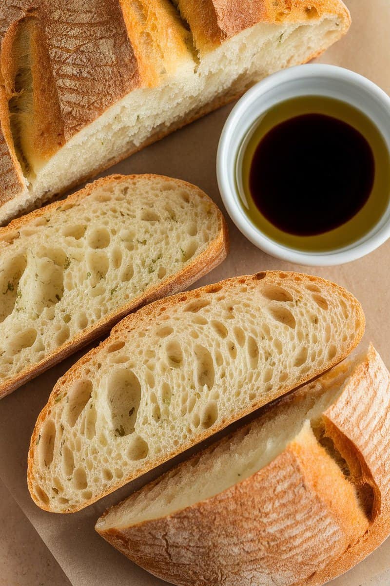 Garlic herb ciabatta bread slices with olive oil for dipping