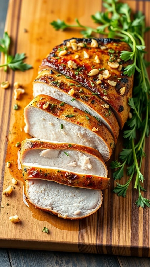 Sliced garlic herb crusted pork tenderloin on a wooden board with herbs