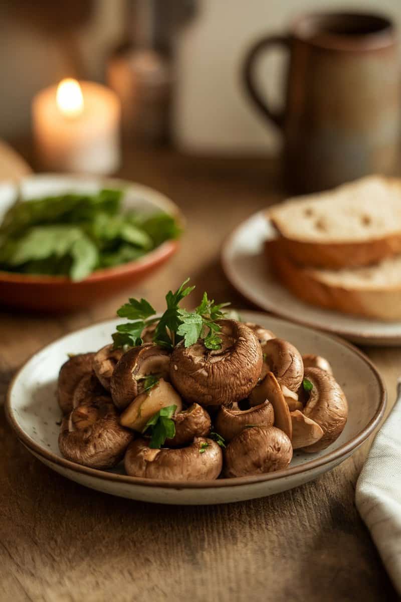 A plate of sautéed mushrooms garnished with herbs.