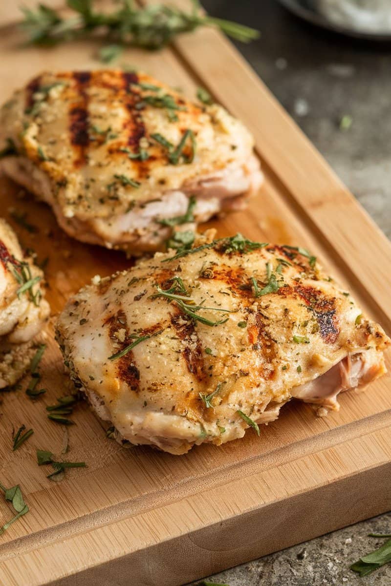 Grilled chicken thighs topped with herbs on a wooden cutting board