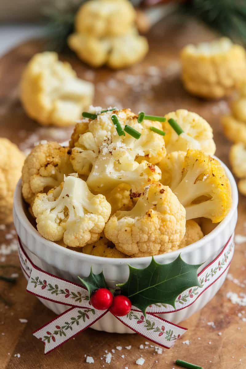 Bowl of garlic parmesan roasted cauliflower bites decorated with holiday ribbon and chives