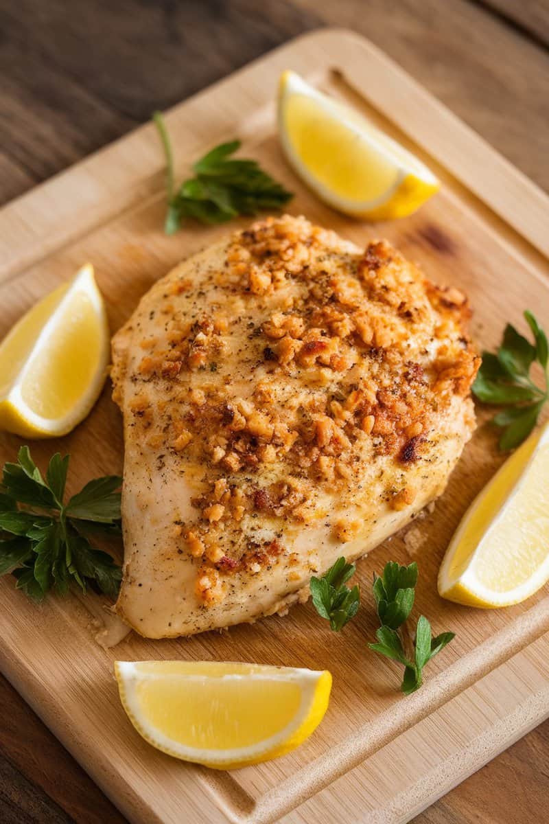 Garlic Parmesan Roasted Chicken Breast with lemon wedges and herbs