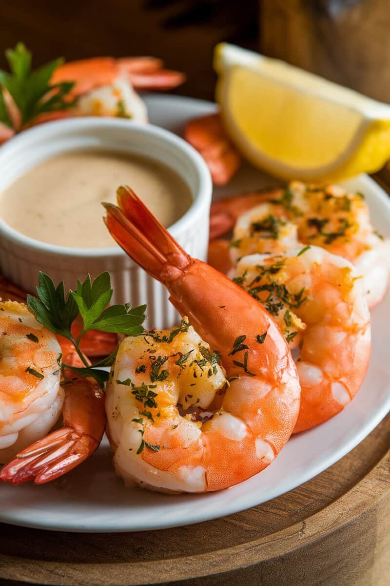 Garlic Parmesan Roasted Shrimp appetizer served with lemon and dipping sauce.