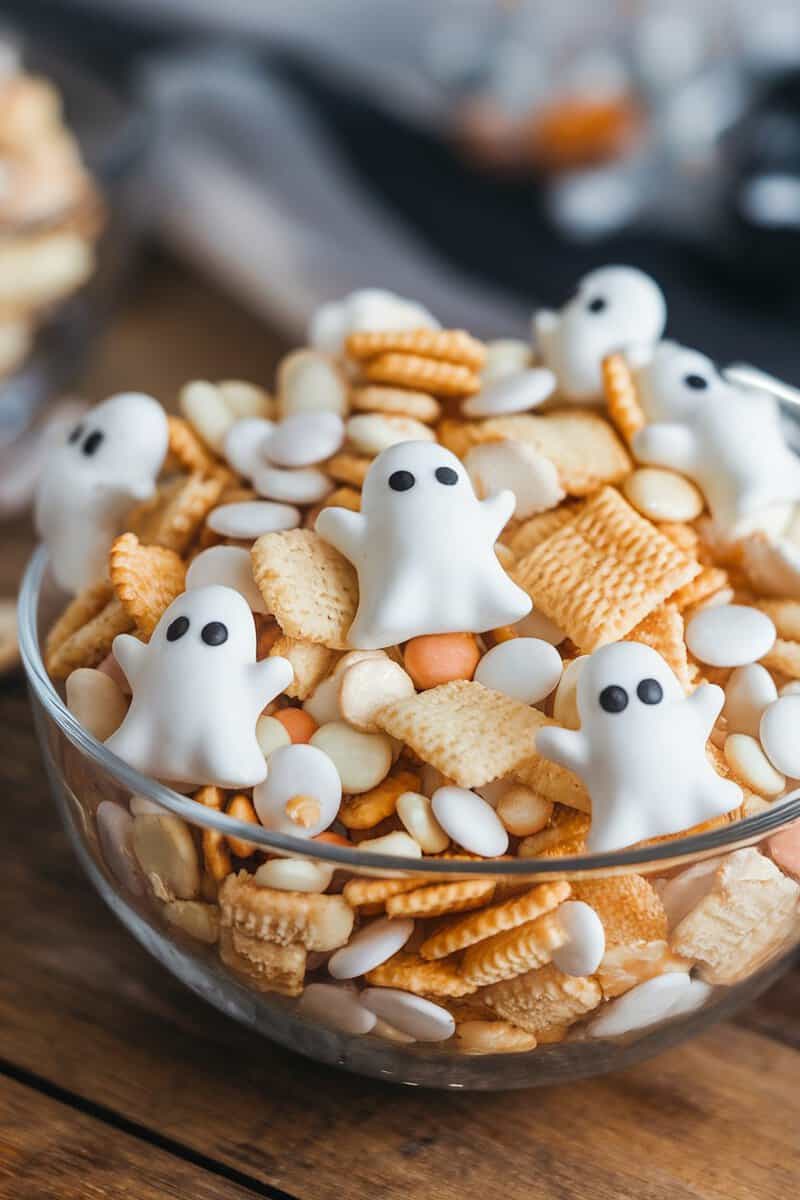 A bowl of Ghostly Vanilla Yogurt Chex Mix with ghost-shaped snacks and colorful candies.