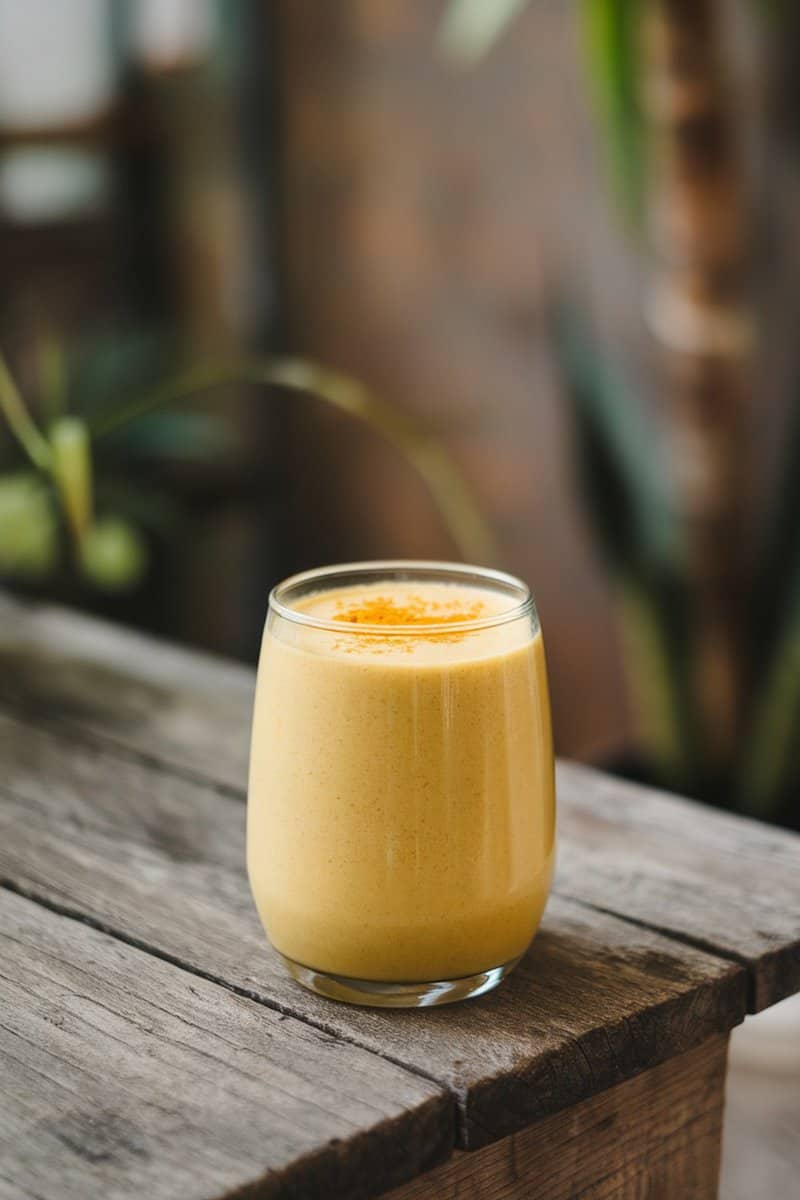 A vibrant ginger and turmeric smoothie in a glass on a wooden table